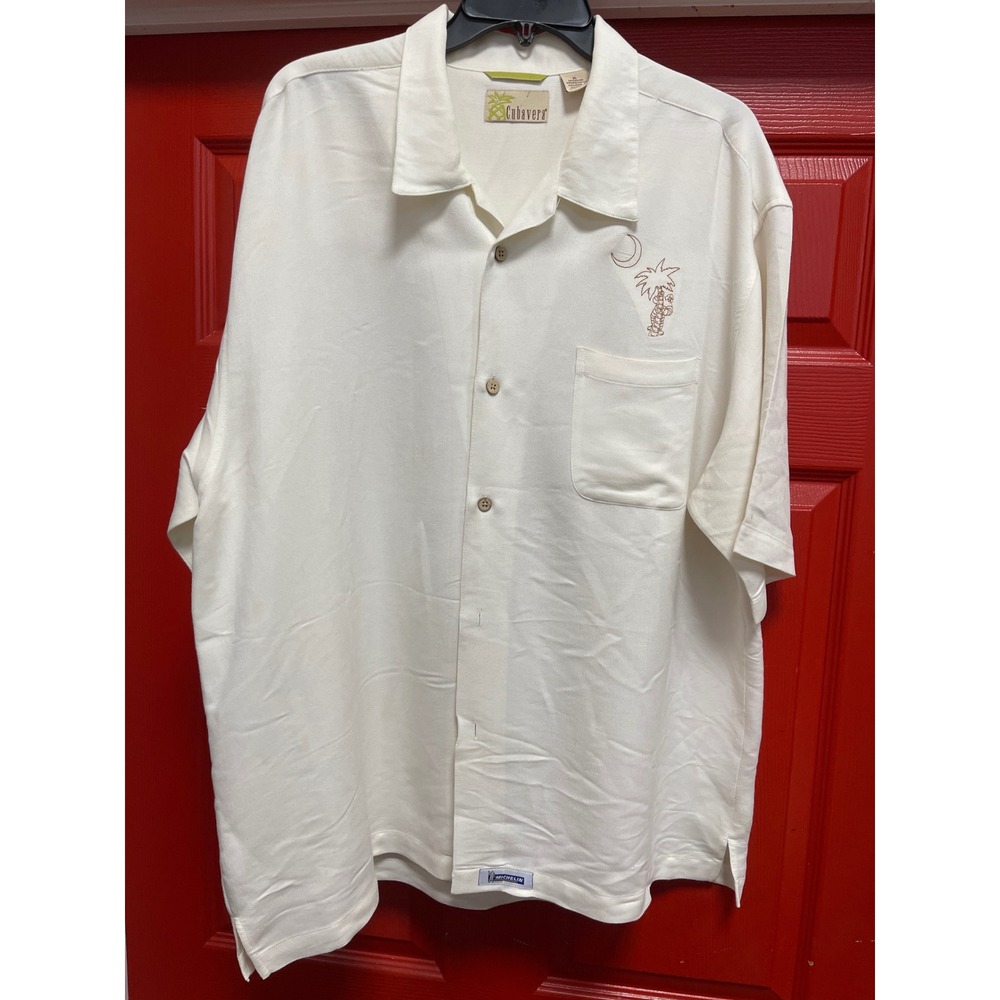 Cubavera Michelin Man Palm Tree Embroidered Shirt Mens XL Cream Rayon Blend